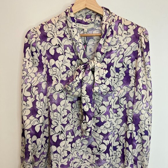 Bow Tie Collar Patterned Blouse - PURPLE - Picture 7 of 9